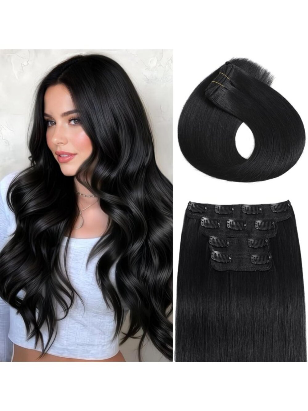 18 Inch Clip-In Hair Extensions - Real Remy Human Hair, Thick & Seamless, Jet
